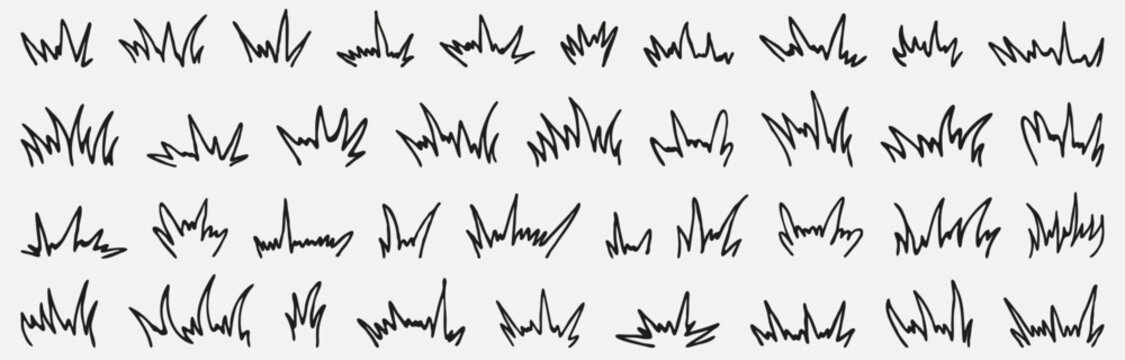Hand drawn grass tuft set with different irregular black outlines for nature, lawn, meadow, vegetation and outdoor landscape graphic design