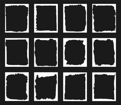 Rough black square texture set with irregular painted edges and solid brush shapes for backgrounds, masks, frames and grunge graphic design