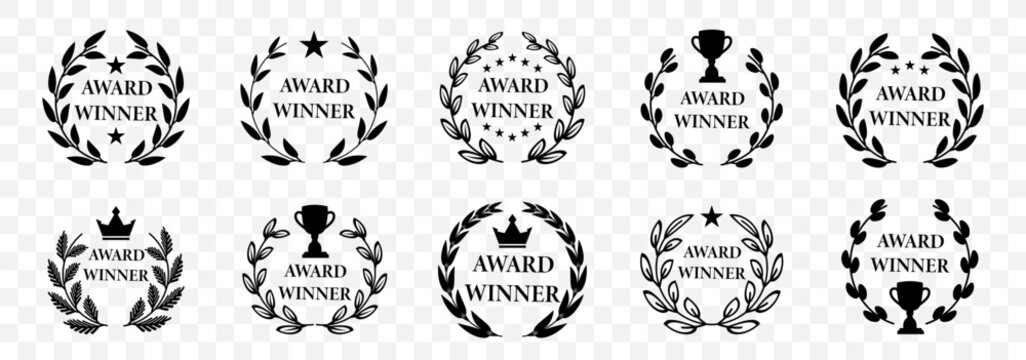 Award winner laurel wreath set with stars, trophies and crowns for achievement, competition, championship, recognition and premium badge design