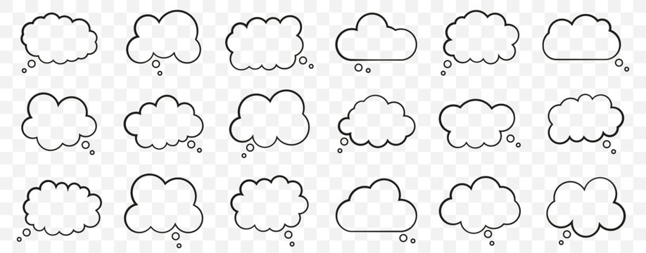 Thought bubble outline set with different rounded cloud shapes and small circles for thinking, ideas, imagination, dialogue and comic graphic design