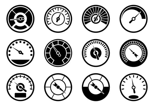 Speedometer gauge icon set with different circular dials, needles and scale markings for speed, performance, dashboard and measurement