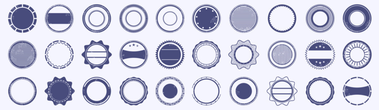 Vintage circular badge set with distressed borders, blank centers, stripes, stars and decorative seals for labels, stamps, branding and retro graphic