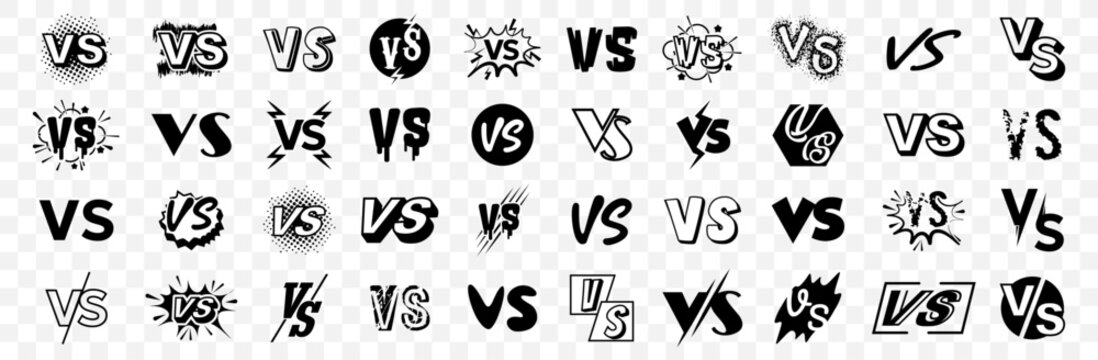Versus symbol set with different bold lettering, comic effects and geometric shapes for competition, comparison, battle, sports and challenge graphic