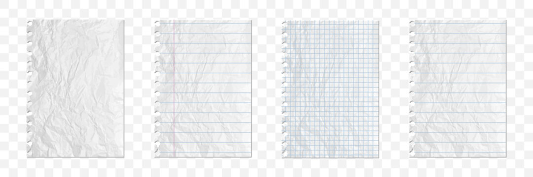 Crumpled notebook paper set with torn binder edges, ruled lines and grid patterns for notes, school, stationery and paper texture design