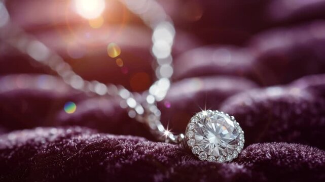 Elegant macro of a sparkling diamond pendant resting on luxurious dark fabric, the camera slowly moves closer to the diamond. Ai generated