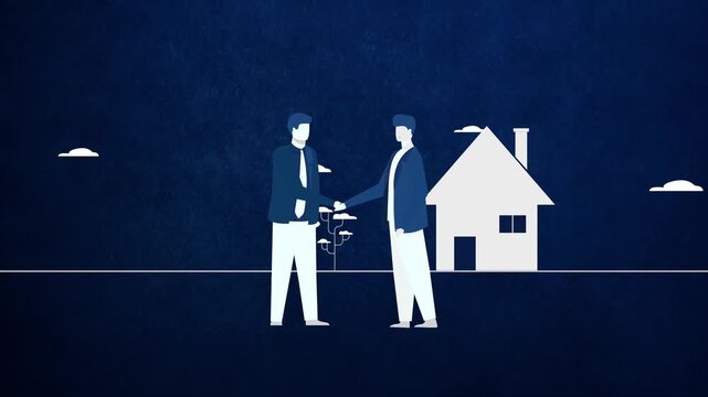 Businessmen shaking hands in front of simple house representing property agreement in minimal blue animated motion graphic video footage loop
