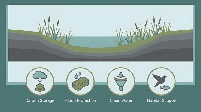 Aquatic Ecosystem Cross Section with Plants and Water Quality Icons