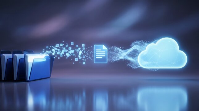 Glowing blue digital document files transfer data from physical folders into a bright ethereal cloud storage system using light particles