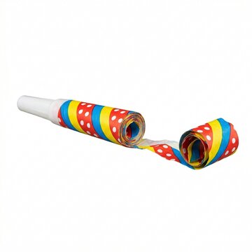Colorful party blower with polka dots and stripes on a white background  