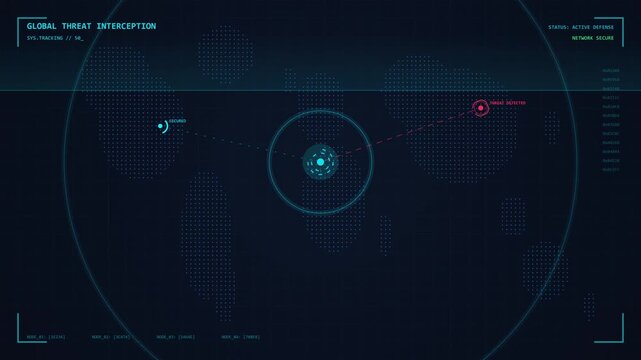 Global Cyber Threat Interception Map Showing Real Time Data Security Defense Network Motion