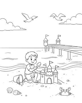 Coloring page illustration of a young boy building a sandcastle on the beach near the ocean with pier and seagulls coloring book building castle child at beac