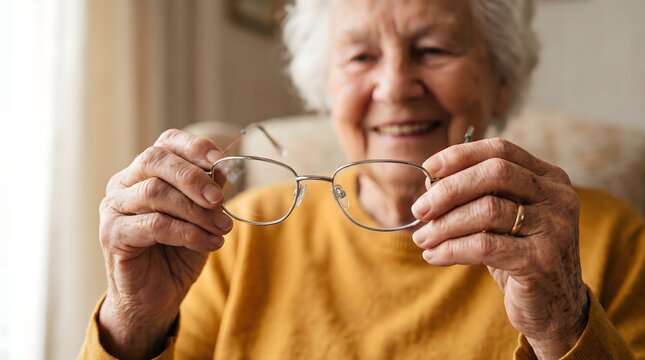 Elderly woman with white hair smiling while holding a pair of optical eyeglasses in her wrinkled hands for senior vision health and eye care improvement concept