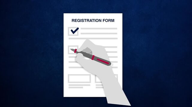 Hand holding red pen marking registration form with check box animation in motion graphics for professional business administration digital footage