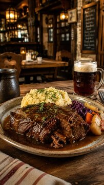 Braised beef with mashed potatoes in rustic tavern