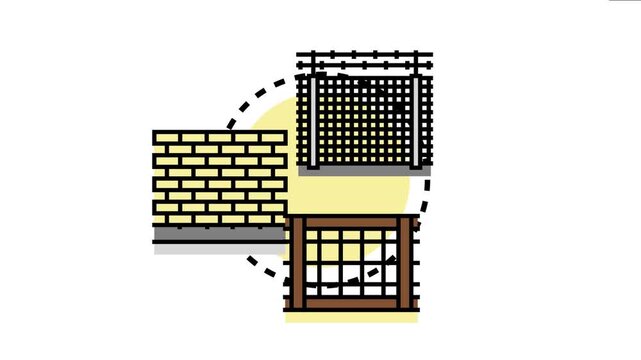 Visualizing common boundary barrier options, including a chain link fence, brick wall, and wooden trellis, each representing property demarcation with a legal notice