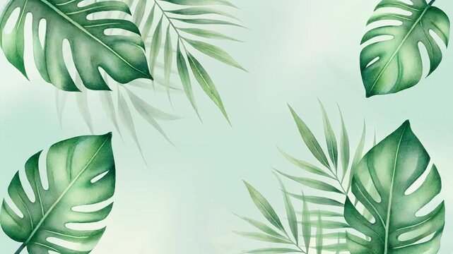Lush green monstera and palm leaves gently swaying in soft natural light