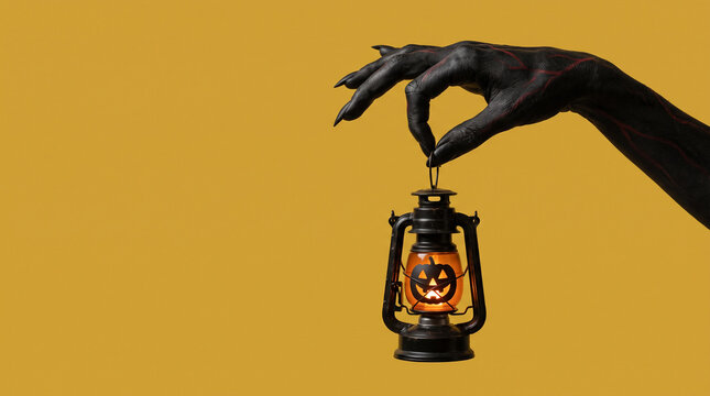 Spooky monster hand holding Halloween lantern, creepy black demon claw with glowing pumpkin lamp, eerie holiday concept isolated on White Background