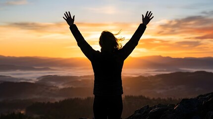 Fototapeta premium Silhouette of Woman with Arms Raised Standing on Mountain at Sunset