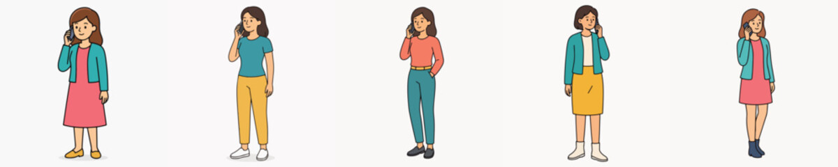 Fototapeta premium Set of vector illustrations of a woman making a phone call