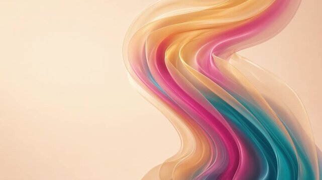 Flowing magenta, teal, gold, and pink ribbons form an abstract design on a warm peach background, expressing motion and elegance