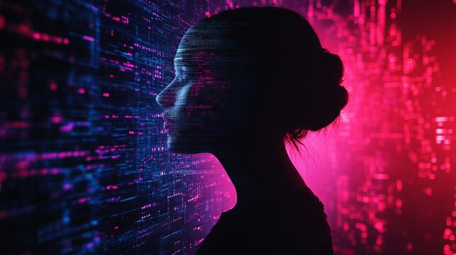 Digital human silhouette face profile features glowing blue neon grid patterns and vibrant magenta lighting in a futuristic virtual space