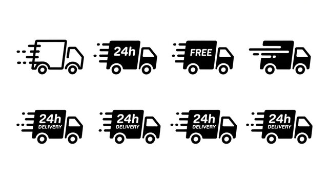 Flat icon set of delivery trucks with 24-hour service and free shipping labels for logistics and e-commerce business branding, delivery truck