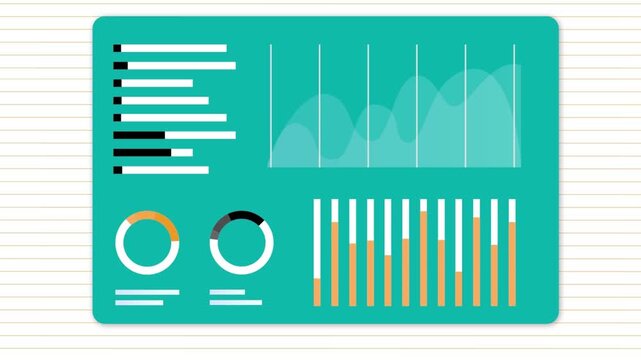 Digital business dashboard interface displaying animated financial bar charts and circular growth analytics in this professional motion graphics video animation