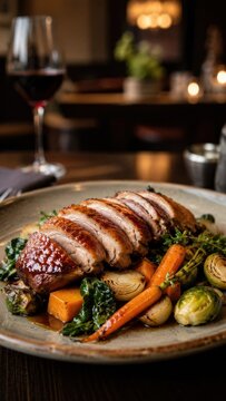 Glazed duck breast with roasted vegetables in restaurant