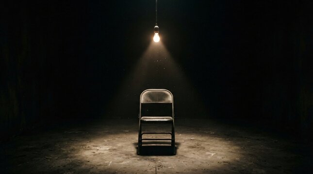A single empty wooden seat sits alone under the dramatic glow of a hanging overhead incandescent bulb that casts deep shadows across the rugged ground within this vast dark cavernous interior