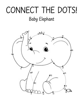 Connect the dots activity sheet with a cute baby elephant for kids learning and drawing game drawing puzzle dot to dot children worksheet black and white