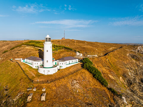 Trevose Head Lighthouse from a drone, Padstow, Cornwall, England, United Kingdom