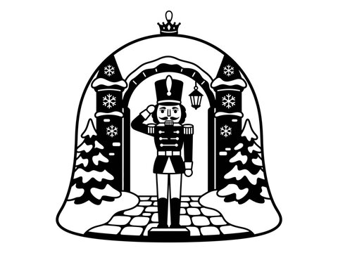 Nutcracker standing in snowy Christmas doorway with pine trees