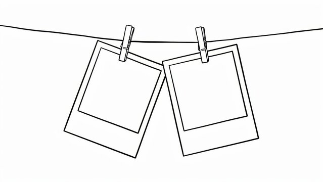 Two empty polaroid frames hanging from a clothesline with wooden pins isolated on white background. Perfect for creative photography displays or social media templates.