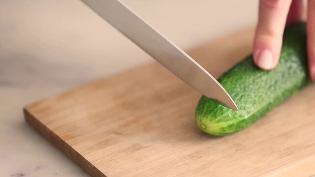 Woman carefully slices a fresh whole cucumber into rounds on a wooden board