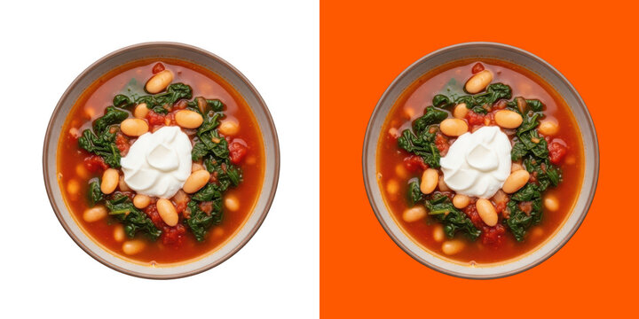 Bowl of healthy tomato soup with white beans and spinach top view transparent png