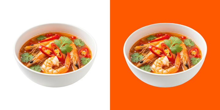 A bowl of spicy Thai Tom Yum soup with fresh prawns and herbs transparent png