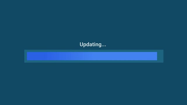 Animated motion graphics showing a blue progress bar labeled "Updating..." filling up over a dark blue background. Represents an active system update, software patch, app upgrade, or database refresh 