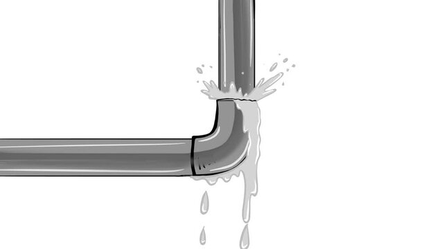 Animated illustration of a leaking pipe with water spraying and dripping from a joint