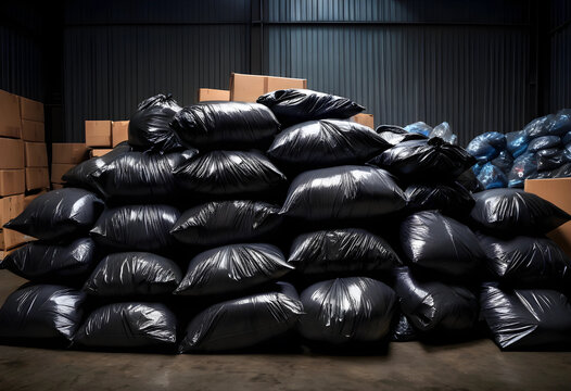 Waste management and recycling crisis, large pile of black garbage bags in a warehouse or industrial facility