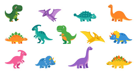 Playful dinosaur character cartoon set featuring colorful prehistoric animals   Flat vector illustration graphics © Stocklume