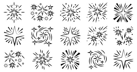 Obraz premium Decorative starburst collection with stars, rays, sparkles and swirling celestial accents in bold black outline style for graphic design projects
