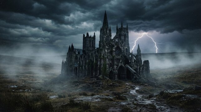 A crumbling gothic cathedral sits amidst a desolate and foggy moorland under a violent stormy sky where powerful lightning strikes illuminate the ancient stone architecture during a dark tempest