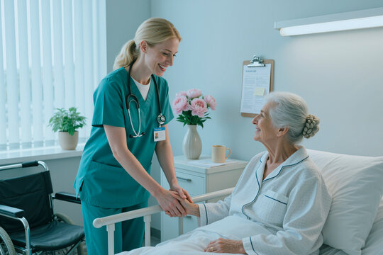 Caucasian nurse holding hands with senior woman in hospital bed, providing support during recovery and patient care. Healthcare trust concept for elder care, clinic marketing