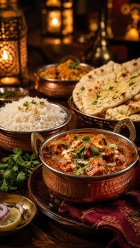 Indian feast with curry, naan and rice in candlelight
