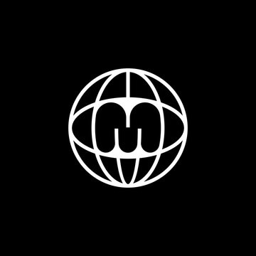 Unique, modern 'M' lettermark within a globe. Futuristic yet elegant, perfect for global tech, media, and navigation brands.