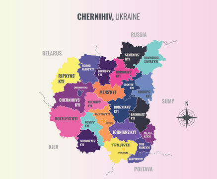 Chernihiv Ukraine Oblast into Raion in a minimalist colorful style map showing
