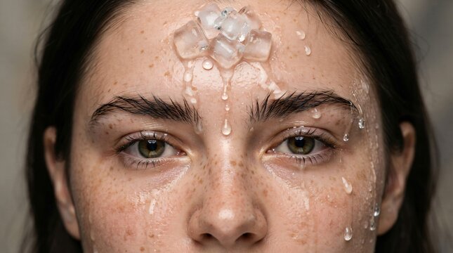 A young woman experiences a refreshing sensation as cold frozen cubes of water melt and trickle down her natural freckled face while she maintains a calm gaze during this artistic thermal