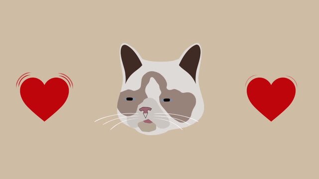 Animated grumpy cat face surrounded by pulsing red hearts in this simple minimalist style digital motion design graphic video clip