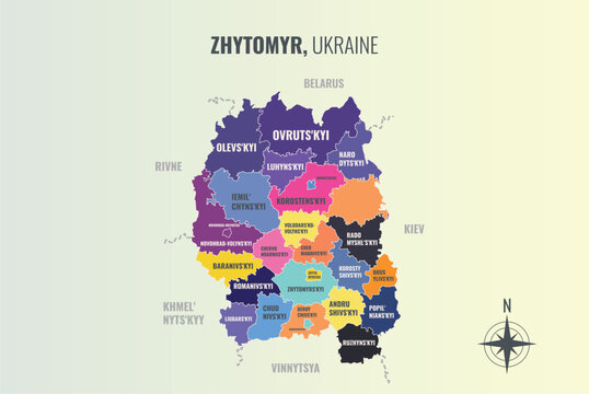 Zhytomyr Ukraine Oblast into Raion in a minimalist colorful style map showing