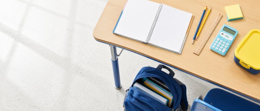 Back to school supplies on a wooden desk with open notebook, blue backpack underneath